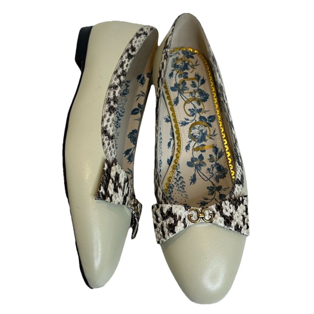 Gucci Yva Ivory Snakeskin trim Leather GG Bow Ballet Flats Shoes size 36.5
